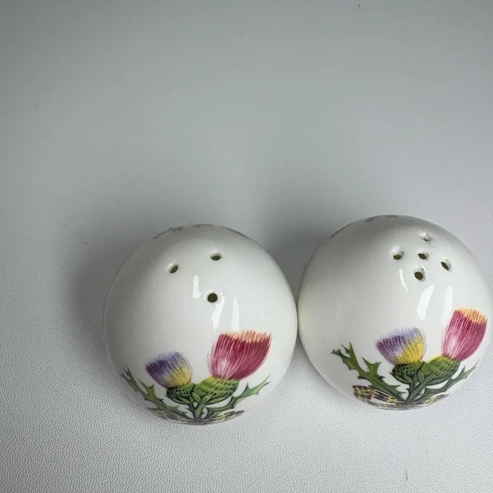 Royal Sandford Bone China Thistle Salt Pepper Shakers White Double Sided